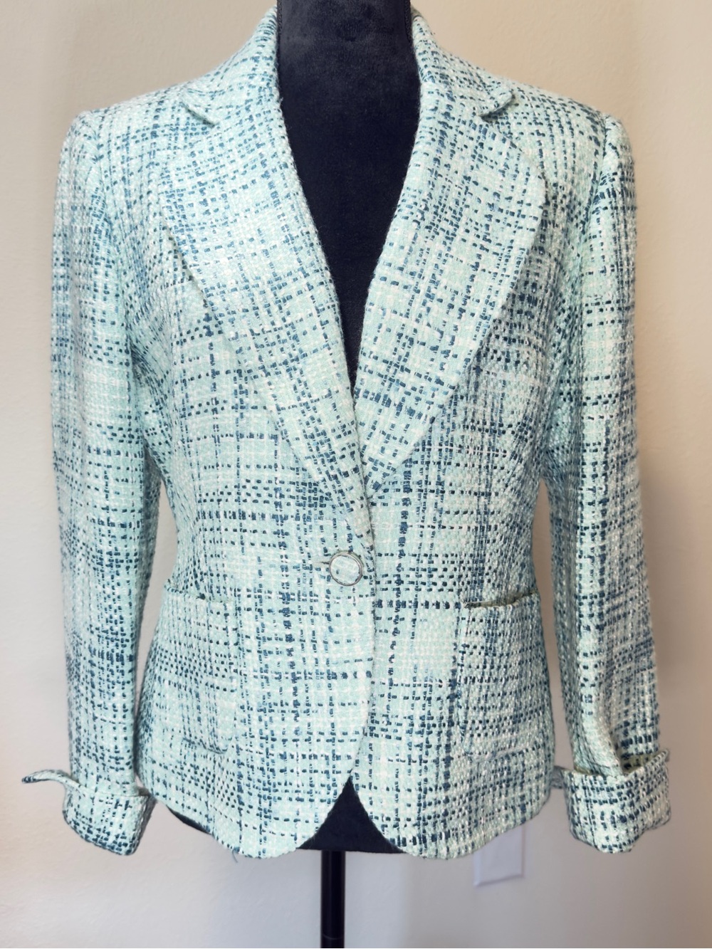 Kasper Mint & Navy Tweed One-Button Women's Blazer / Jacket